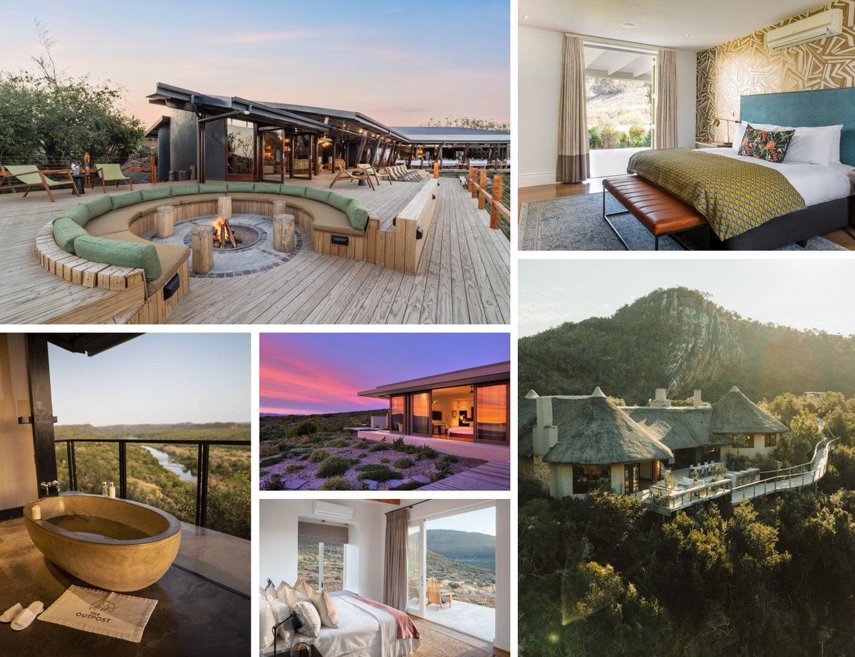 Collage aus Außenbereich mit Feuerstelle und Sitzbank, zwei Schlafzimmern mit Betten, Bad mit Waschbecken, Haus mit Terrasse in der Natur und Landschaftsaufnahme bei Sonnenuntergang